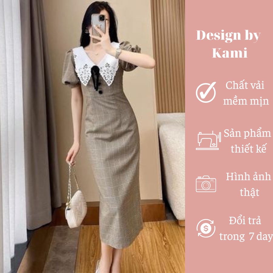 Váy kẻ nâu dáng dài Zoca cổ tim bèo trắng phối nơ size S M L XL Design by Kami