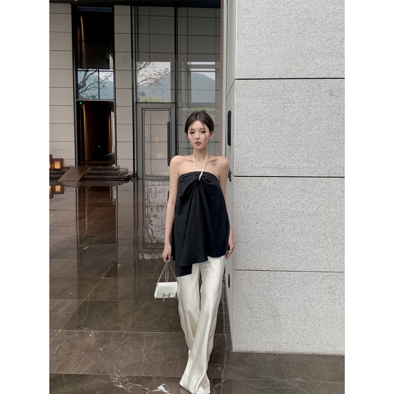 Bộ Áo Cổ Yếm + Quần Satin Ống Rộng Thời Trang Cho Nữ