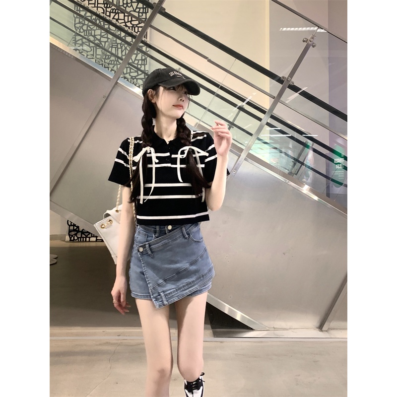 Áo polo Dệt Kim Ngắn Tay Ôm Dáng Họa Tiết Kẻ Sọc Màu Tương Phản Đơn Giản Cho Nữ