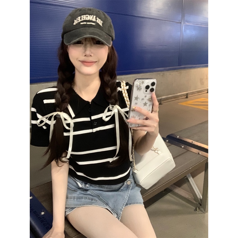 Áo polo Dệt Kim Ngắn Tay Ôm Dáng Họa Tiết Kẻ Sọc Màu Tương Phản Đơn Giản Cho Nữ