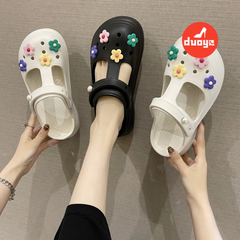 Dép Sandal Đế Dày Hai Quai Đính Hoa Dễ Thương Thời Trang Mùa Hè Dành Cho Bạn Nữ