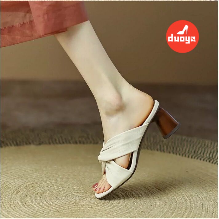 Duoya Giày Sandal Cao Gót Hở Ngón Đế Dày Vừa Phải Chống Va Chạm Phong Cách Retro Thời Trang Mùa Hè Dành Cho Nữ