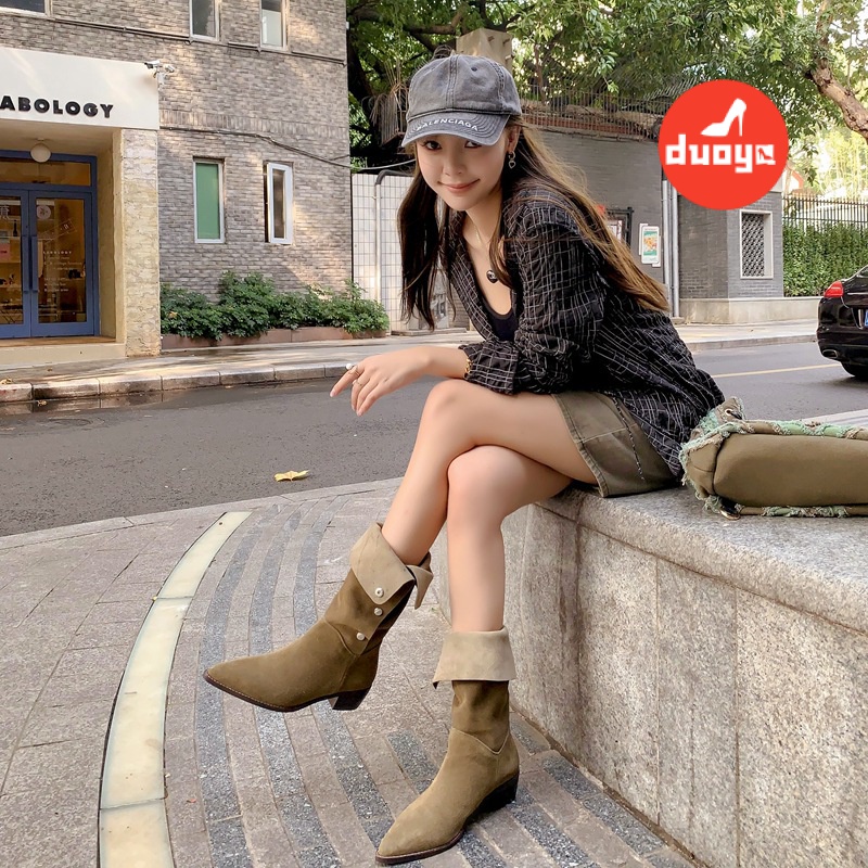 Duoya Factory Thẳng ~ [Cửa Hàng Có Sẵn] Giày Bốt Denim Ba Lỗ Mũi Nhọn Đế Dày Gấp Gọn Đinh Tán Phương Tây Cổ Điển