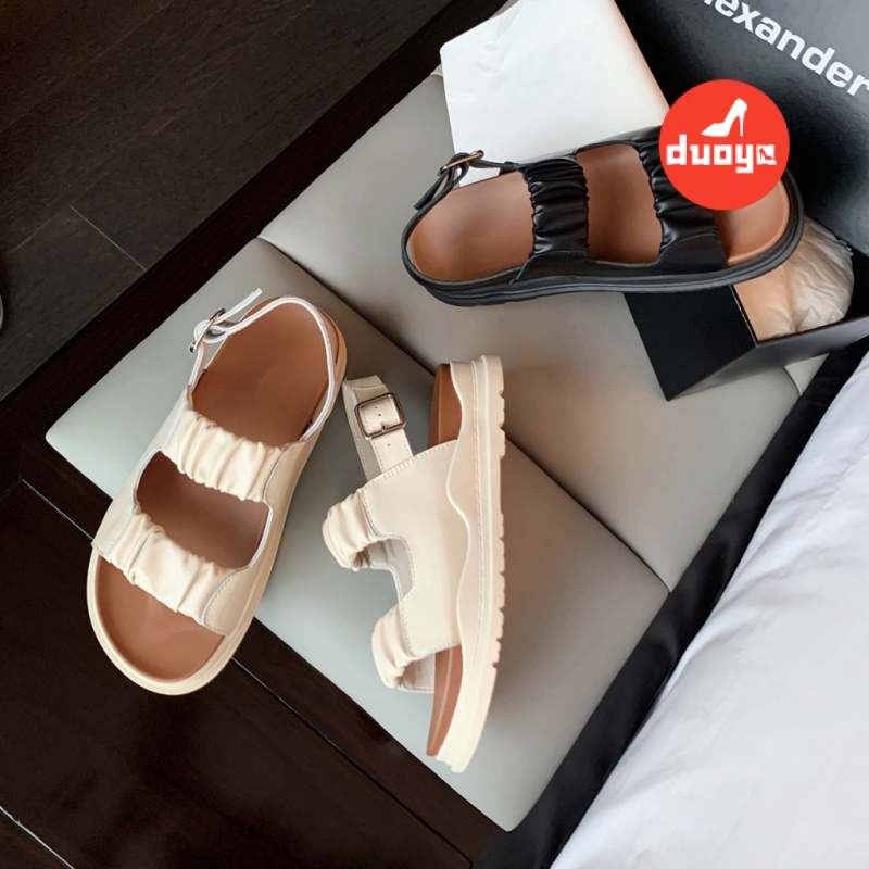 Duoya Tóc Thẳng ~ [Hàng Có Sẵn] Giày Sandal Thể Thao Đế Phẳng Dày Dây Xếp Ly Cài Khóa Phẳng Phong Cách Giản Dị