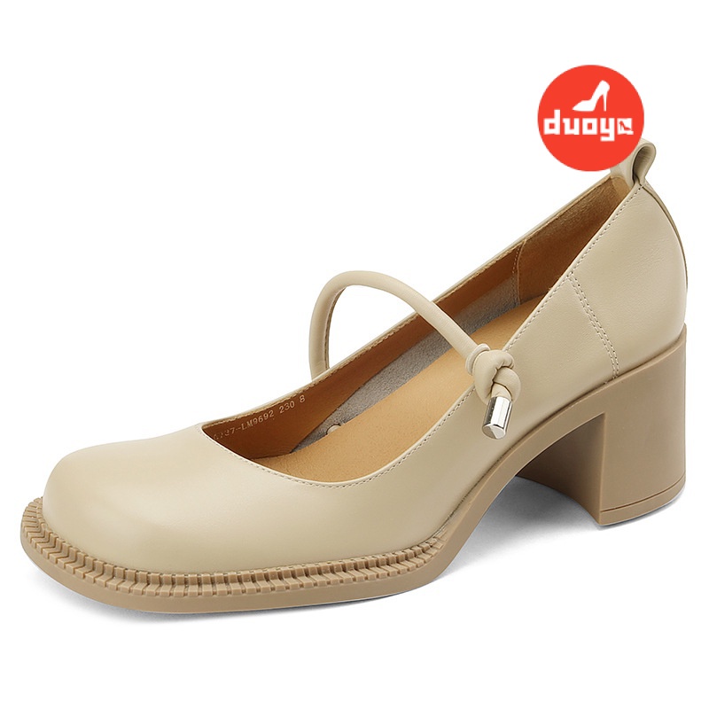 Duoya Tóc Thẳng ~ [Hàng Có Sẵn] Giày Cao Gót Mũi Tròn Bằng Da Thật Mềm Mại Thoải Mái Dễ Phối Đồ Cho Nữ Giới