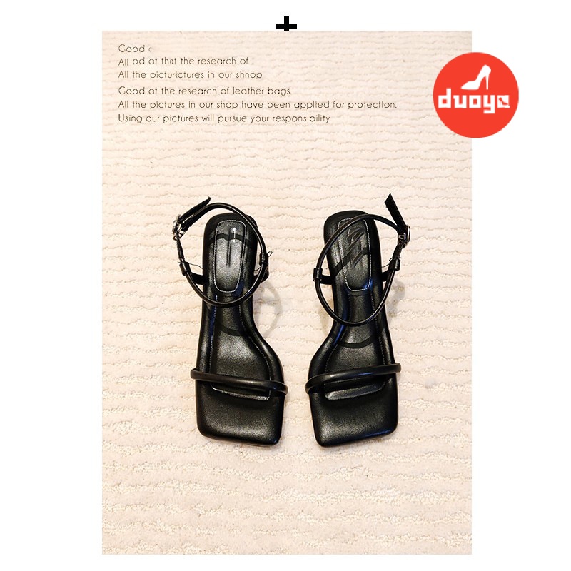 Duoya Tóc Thẳng ~ [Hàng Có Sẵn] Giày Sandal Cao Gót Mũi Vuông Dây Phẳng Màu Đen Niche Cao Cấp Miễn Phí Vận Chuyển
