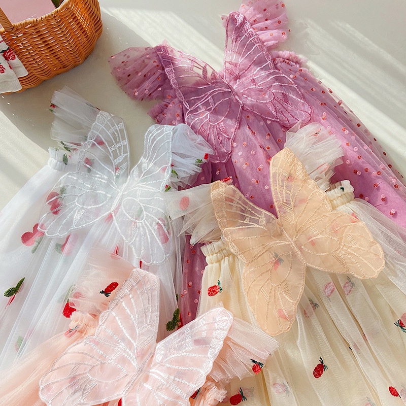 Đầm Xòe Hai Dây Thêu Họa Tiết Cherry Xinh Xắn Thời Trang Cho Bé Gái 1 Tuổi