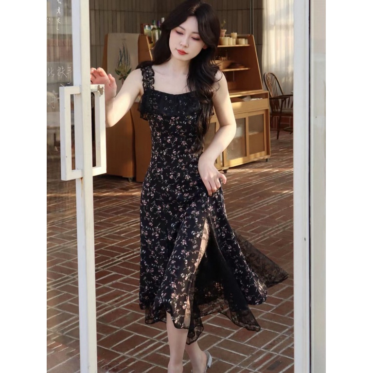 Aepk BlOVE LAN Đầm Hai Dây Phối Ren Hoa Màu Đen Phát Quang Xẻ Tà Viền Hẹp Eo Hẹp Thời Trang Xuân Hè