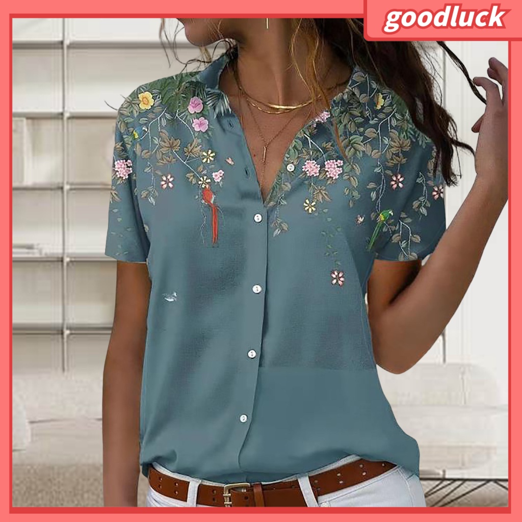 Áo Sơ Mi Tay Ngắn Cổ Bẻ Cài Khuy In Họa Tiết Hoa Thời Trang Mùa Hè Xinh Xắn Cho Nữ