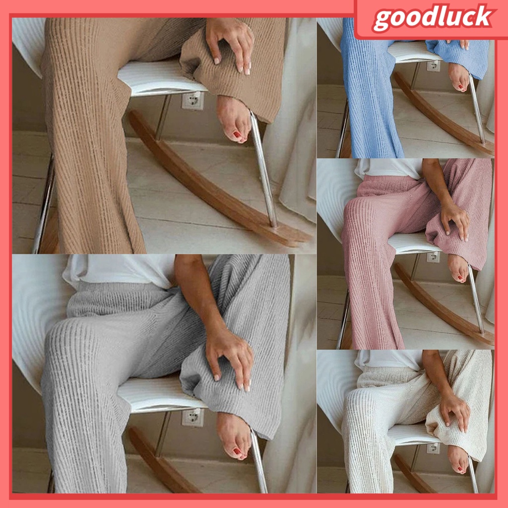 Quần Dài Dệt Kim Ống Rộng Lưng Cao Màu Trơn Thời Trang Mùa Thu Cho Nữ