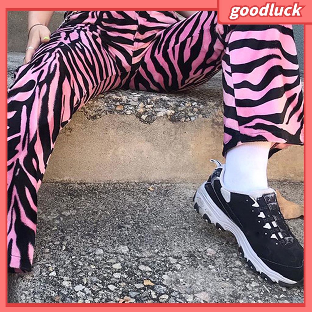 Quần Dài Lưng Cao Dáng Suông Cài Nút In Họa Tiết Ngựa Vằn Cho Nữ