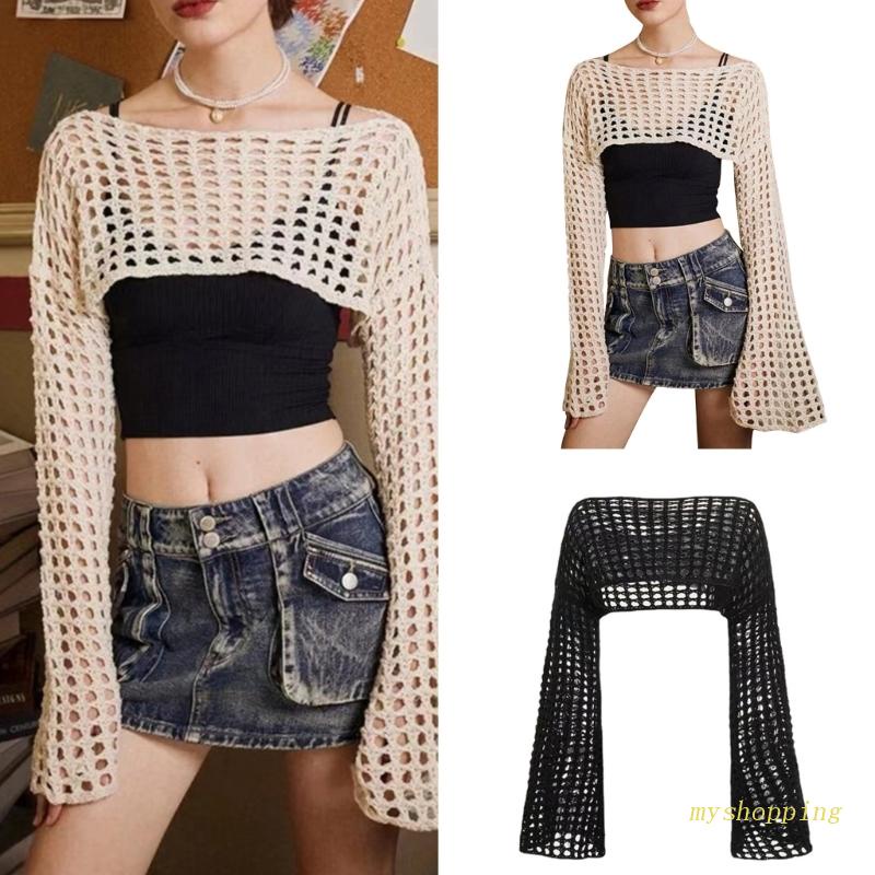 Áo Crop Top Dệt Kim Tay Dài Cổ Tròn Màu Trơn Thời Trang Cho Nữ