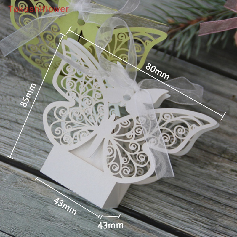 Set 10 Hộp Đựng Kẹo Cưới Thiết Kế Rỗng Họa Tiết Bươm Bướm Kèm Dây Ruy Băng Xinh Xắn