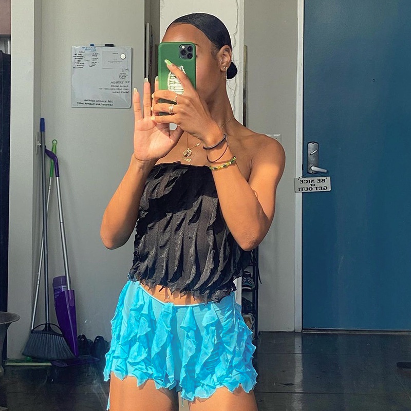 Weania Quần Short Dáng Ôm Viền Gợn Sóng Phong Cách Resort Thời