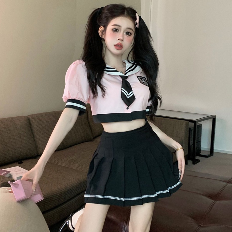 Bộ Đồng Phục Áo Sơ Mi Tay Phồng Cổ Thủy Thủ + Chân Váy Xếp Ly Lưng Cao Xinh Xắn