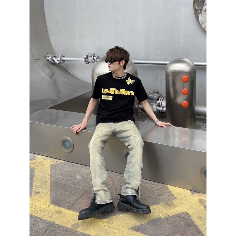 Áo Thun Tay Ngắn Dáng Rộng Chất Lượng Cao In Hình Cảnh Báo Màu Vàng Cam Thời Trang