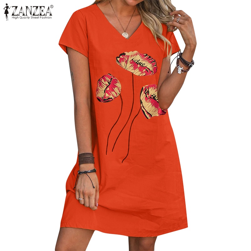 Đầm nữ ZANZEA ngắn tay cổ chữ V in hoa thời trang