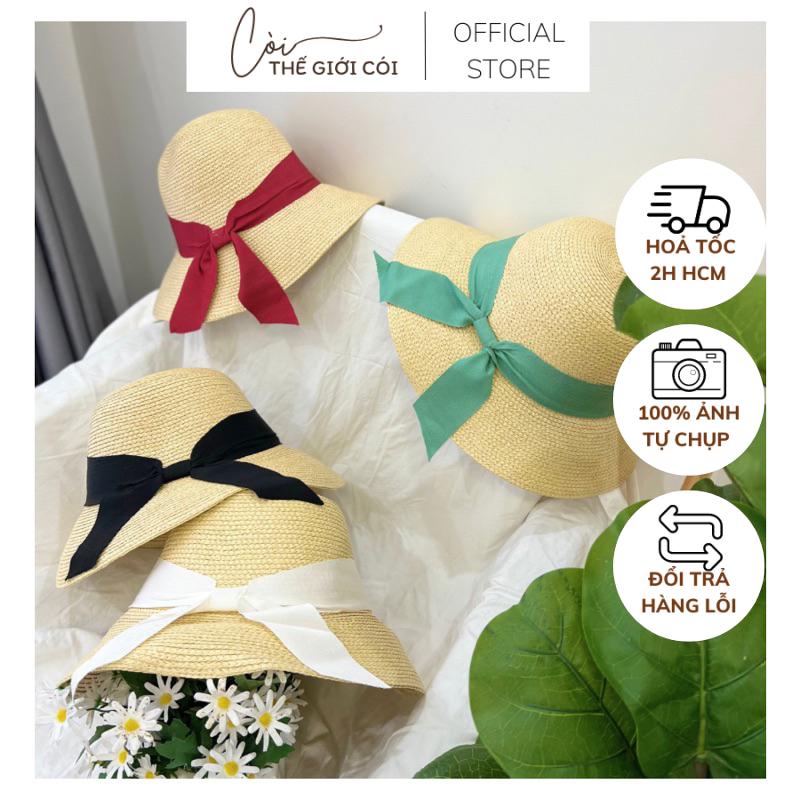 (ẢNH THẬT NÓN XINH) Giao hàng hoả tốc 2h Nón cói FLAFIA cúp vành nơ Gập Gọn tiện lợi - Còi thế giới Cói
