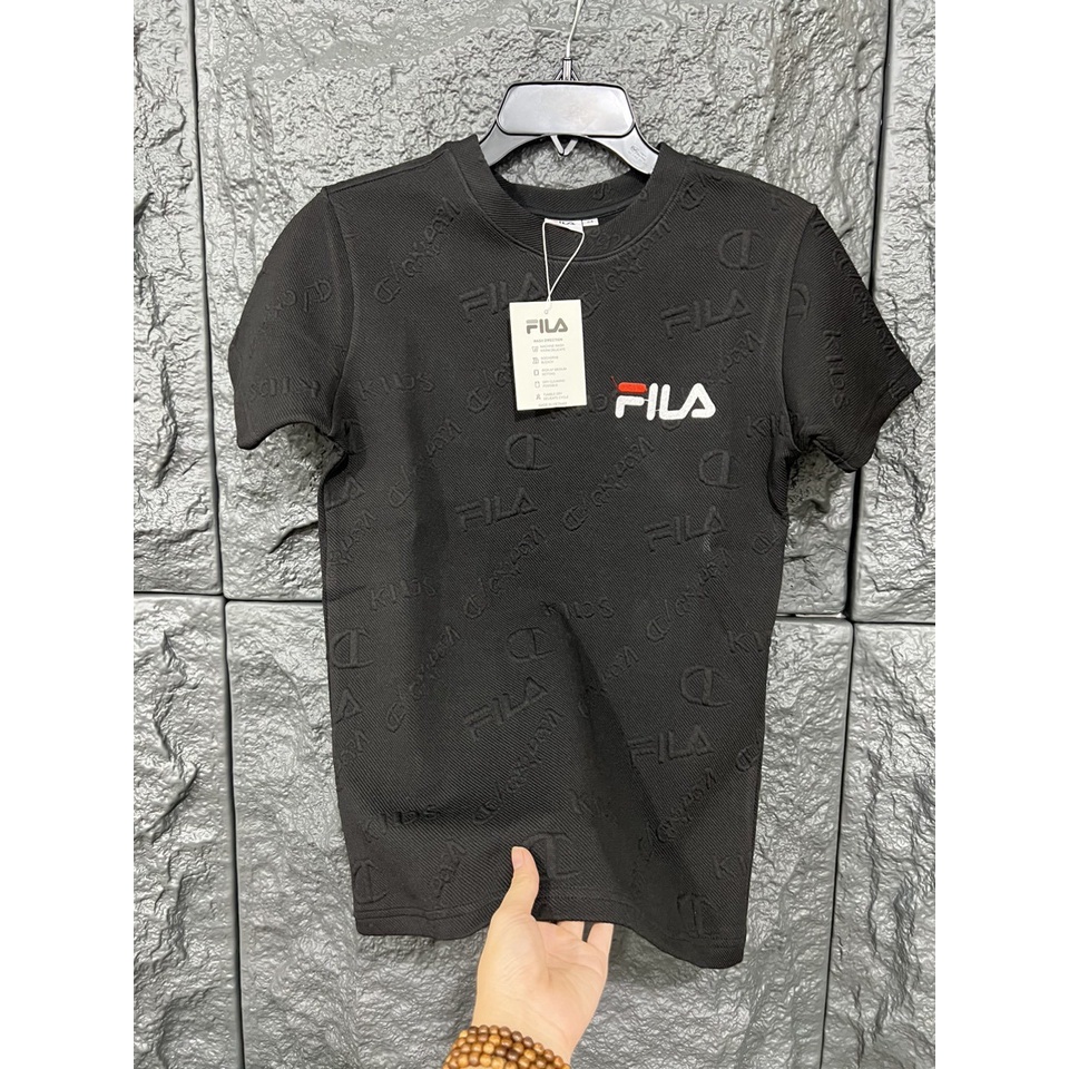 Áo Thun Nam Tay Ngắn Cổ Tròn Dập Vân Nổi Hoa Văn Thêu Chữ Fila, Chất Thun Cotton