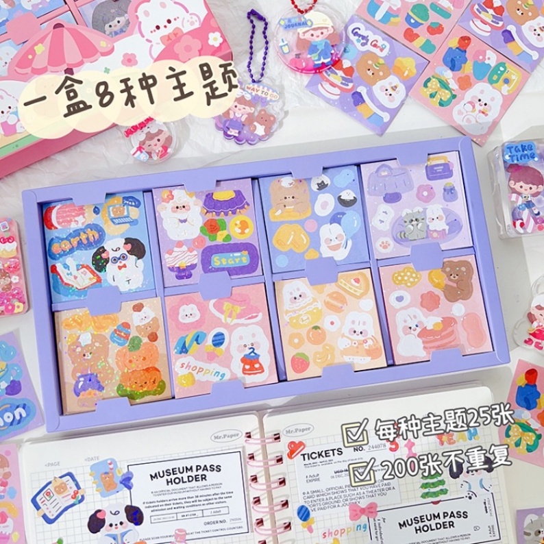 Hộp 200 Nhãn Dán Tự Trang Trí Sổ Tay Chống Nước Họa Tiết Hoạt Hình MOMO Dễ Thương Sáng Tạo DIY