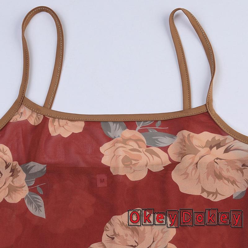 Áo Lưới Hai Dây Cổ Vuông In Họa Tiết Hoa Phong Cách Vintage Đường Phố Cho Nữ