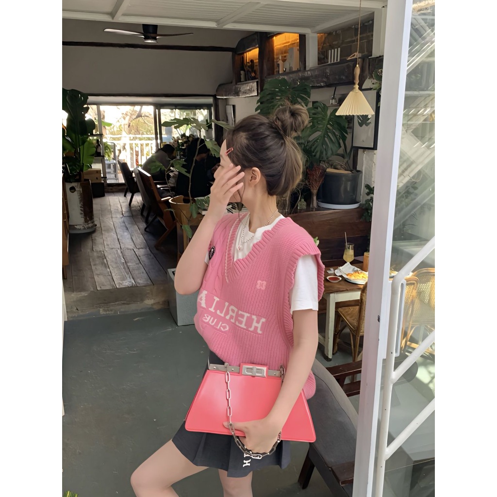Set Áo Thun Sát Nách + Áo Thun Dệt Kim Màu Hồng Dễ Thương Xinh Xắn Cho Nữ