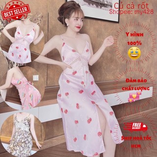 Váy dây lụa - váy ngủ lụa thiết kế xẻ tà đính nút viền ren gợi cảm