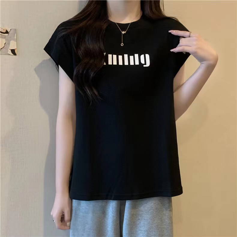 Áo thun SUXI không tay dáng rộng in chữ đơn giản phong cách Hàn Quốc cho nữ