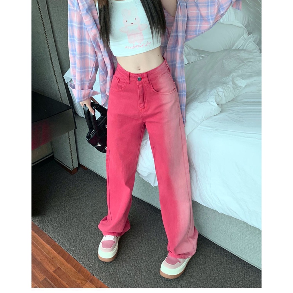 Quần Jean Nữ Ống Rộng Lưng Cao Màu Hồng Gradient Phong Cách Retro Mới