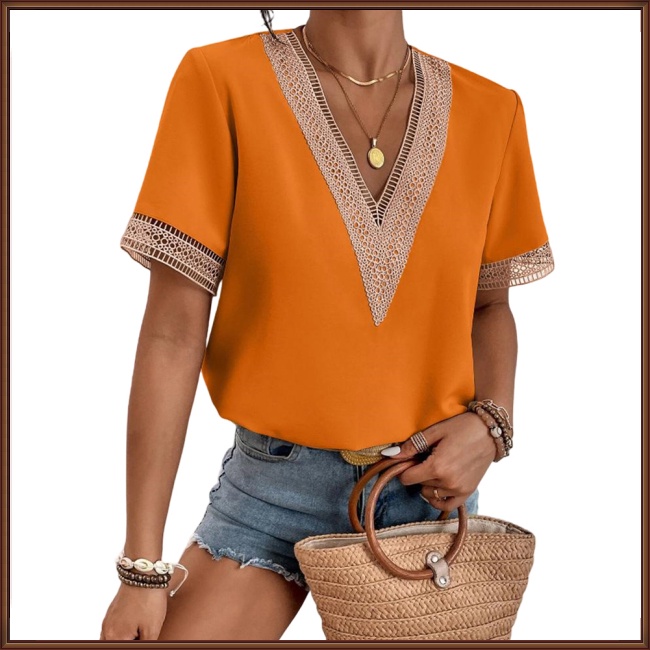 Áo Thun 100% Polyester 2023 Tay Ngắn Cổ Chữ V Phối Ren Dáng Rộng Cho Nữ