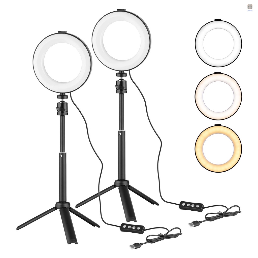 Vòng Đèn LED Andoer 6 Inch 2 * 3200K-6500K Có Thể Điều Chỉnh Độ Sáng + 2 * Tripod Để Bàn + 2 * Đầu Bi Kim Loại Hỗ Trợ Giảng Dạy Trực Tuyến