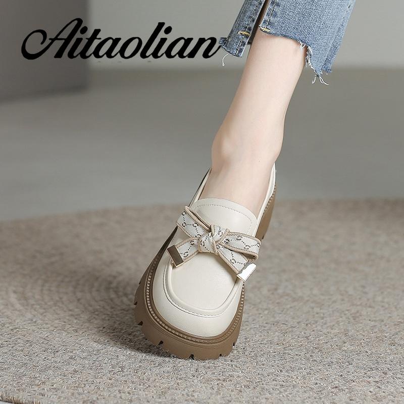 Giày Cao Gót 5cm Da Thật Mềm Đính Nơ Đơn Giản Phong Cách Anh Quốc Cho Nữ Thời Trang