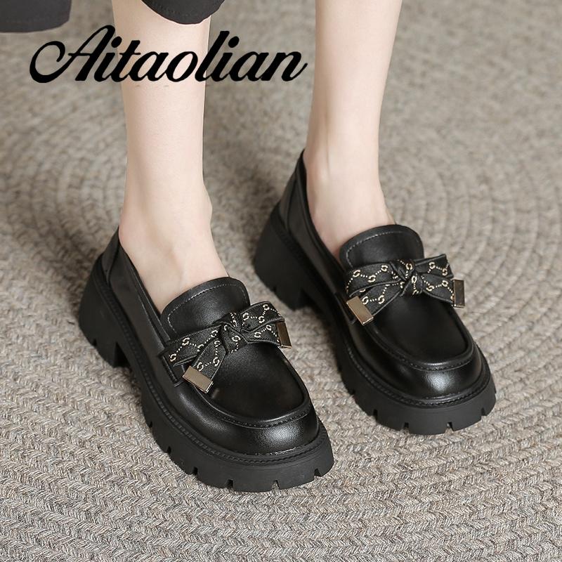 Giày Cao Gót 5cm Da Thật Mềm Đính Nơ Đơn Giản Phong Cách Anh Quốc Cho Nữ Thời Trang