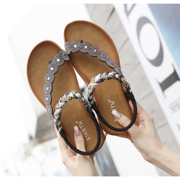 Giày Sandal Đế Xuồng Hở Ngón Mũi Tròn Đính Đá Thoải Mái Phong Cách Bohemian Dành Cho Nữ