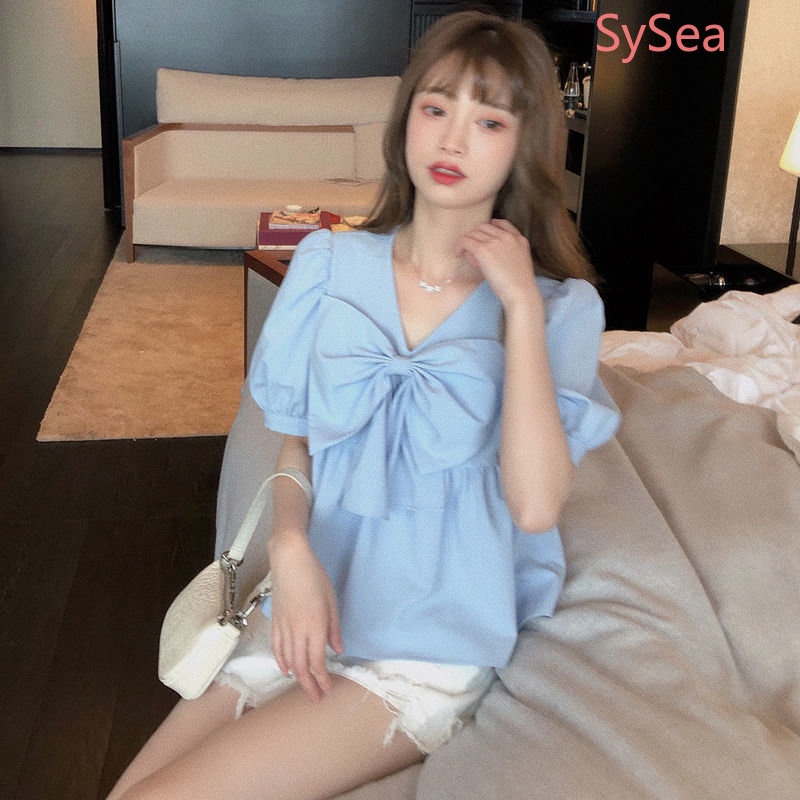 Plus Áo Sơ Mi Voan Dáng Rộng Cổ Chữ V Thắt Nơ Xinh Xắn Thời Trang Hè Cho Nữ