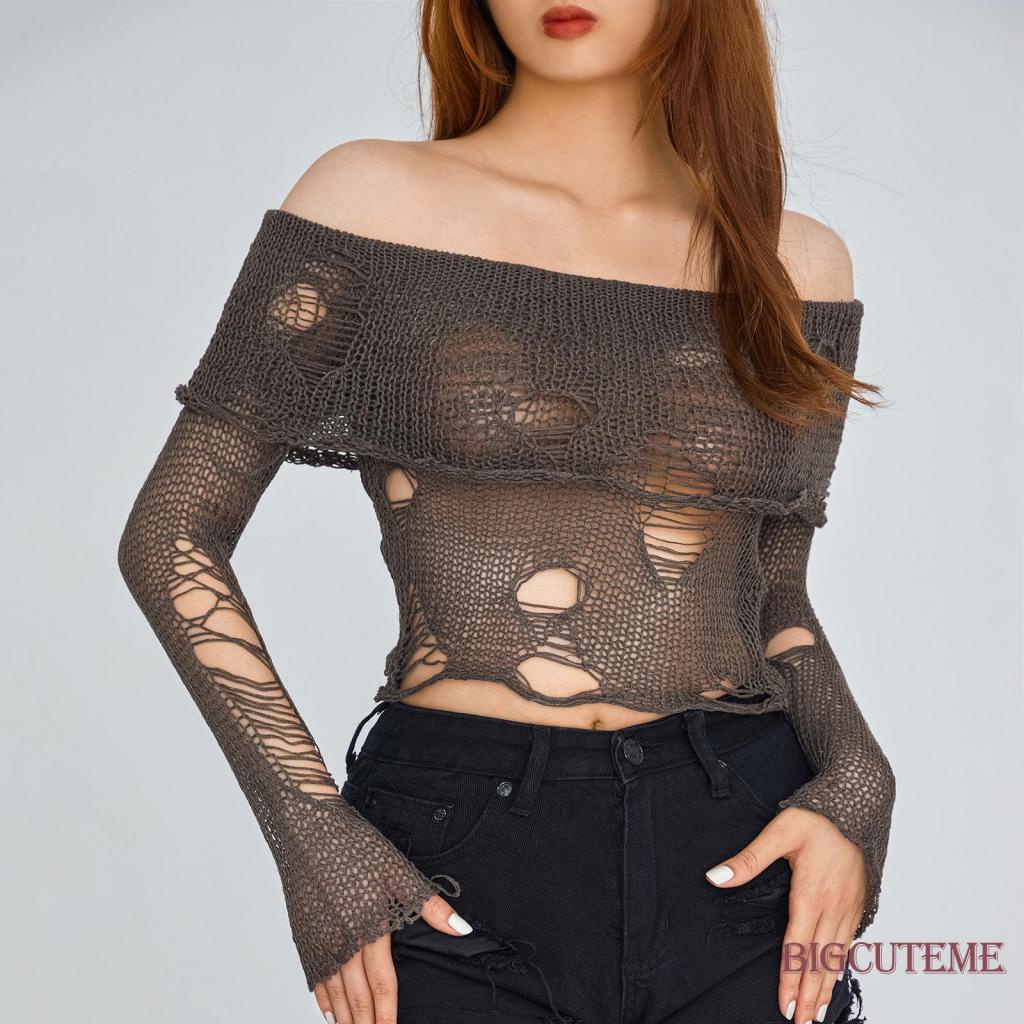 Áo Croptop Dệt Kim Trễ Vai Tay Dài Rách Cá Tính Thời Trang Đường Phố Cho Nữ