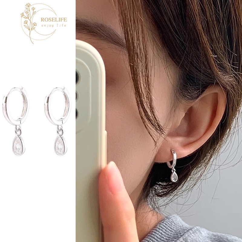 1 Cặp Bông Tai Mạ Bạc 925 Hình Giọt Nước Đính Đá Zircon Phong Cách Hàn Quốc Thời Trang Cho Nữ