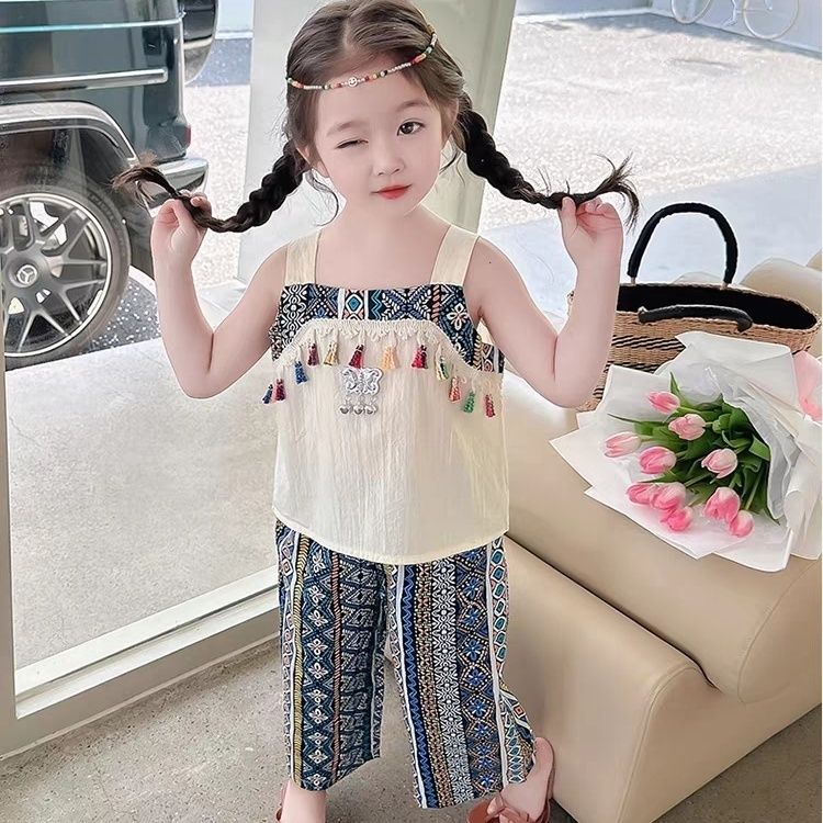 Set Áo Hai Dây Thêu Họa Tiết Thổ Cẩm + Quần Thời Trang Cho Bé Gái