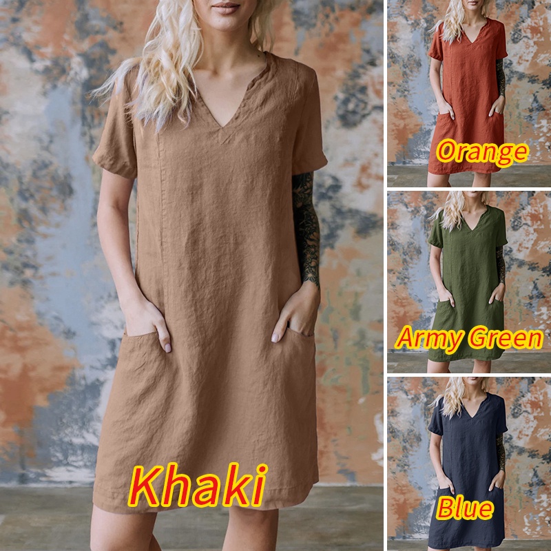 ZANZEA Đầm Ngắn Tay Cổ Chữ V Có Túi Phong Cách Vintage Nữ Tính