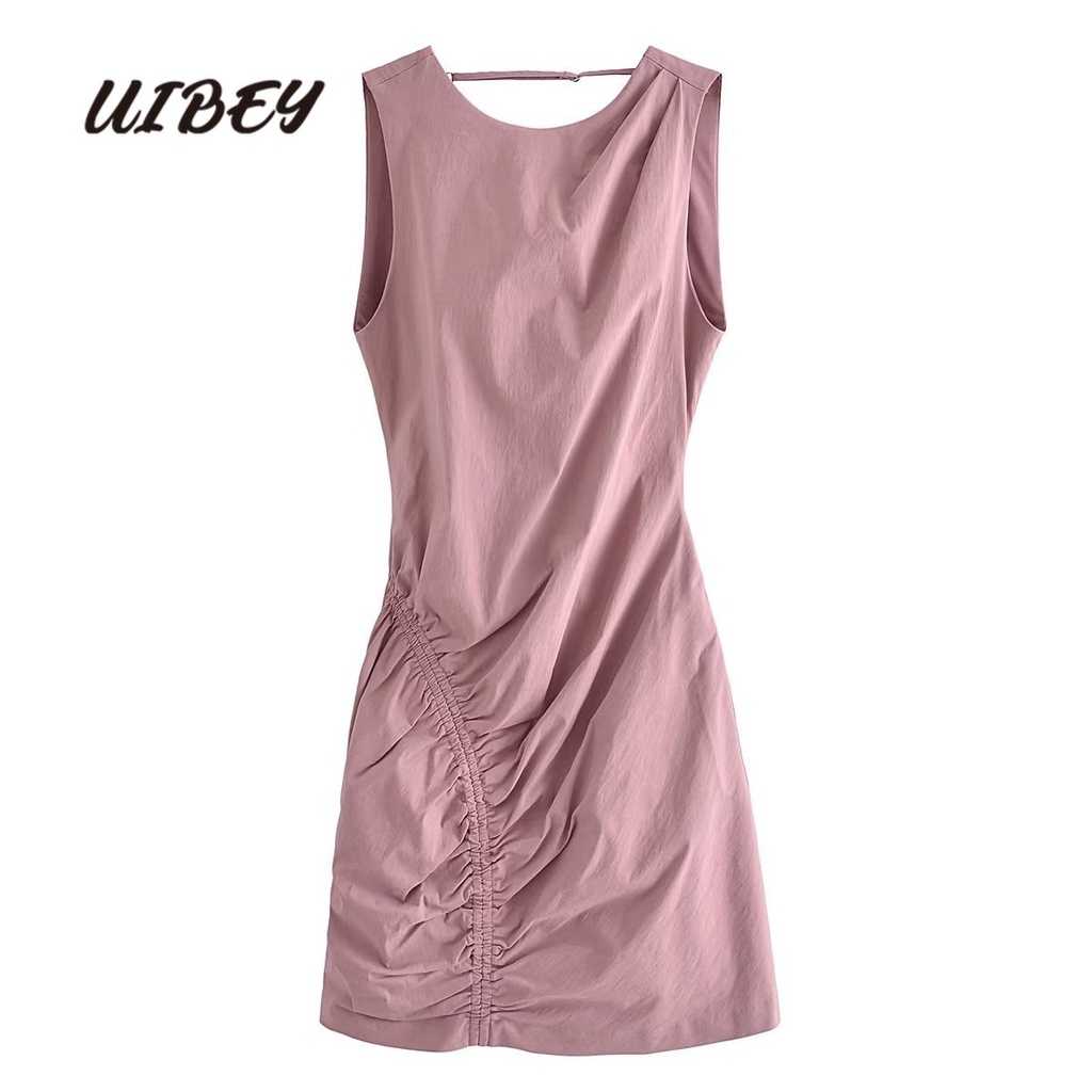 Uibey Bán Sỉ Đầm Xếp Ly Cổ Tròn Hở Lưng Rút Dây Màu Trơn 2431