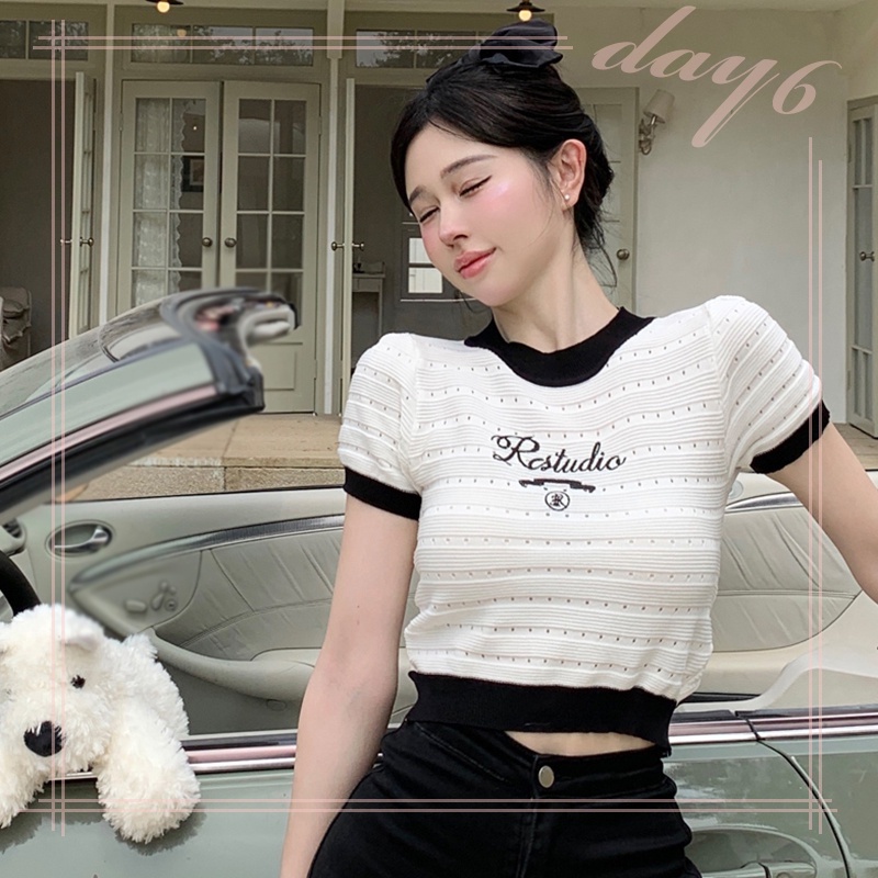 Áo Thun Dệt Kim Tay Ngắn Cổ Tròn Phong Cách Hàn Quốc Dành Cho Nữ