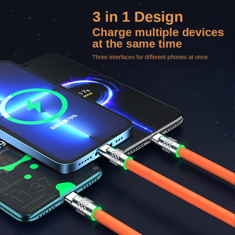 Cáp Sạc 3 Trong 1 6A 120W Type C Micro USB Cho iPhone Samsung Huawei Xiaomi