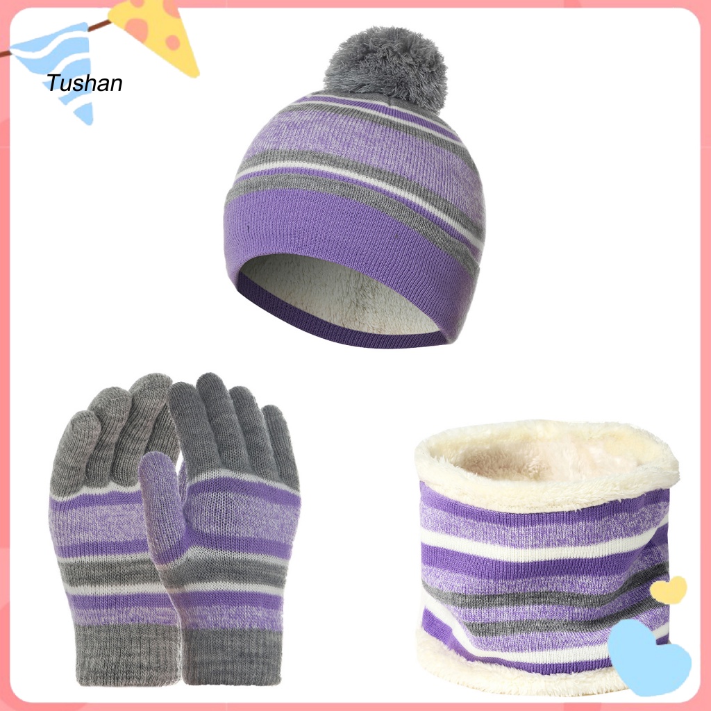 1 Bộ Găng Tay Và Mũ Dệt Kim Dày Dặn Mềm Mại Co Giãn Họa Tiết Kẻ Sọc Thời Trang Thu Đông Cho Bé