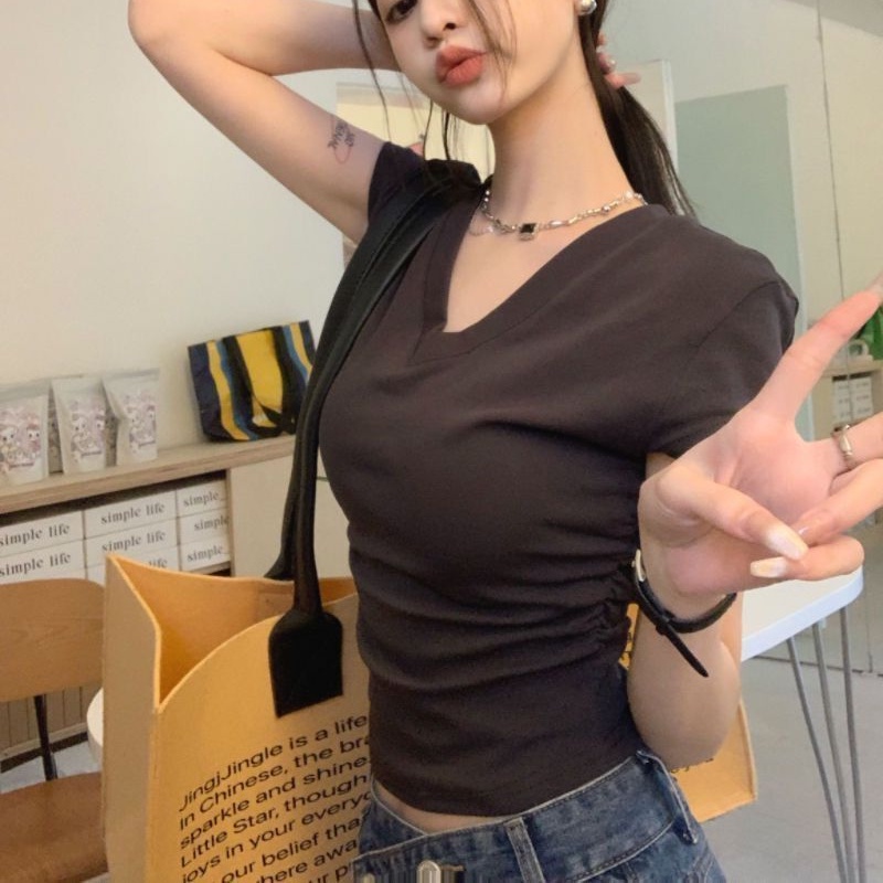 COZOK Áo Thun Ngắn Tay Cổ Chữ V Phối Dây Rút Thời Trang Đơn Giản