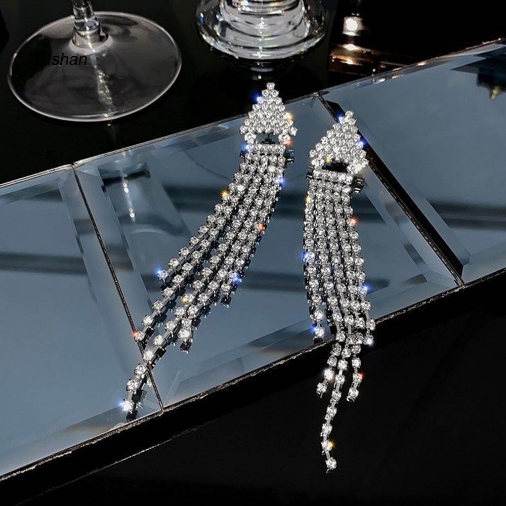 1 Đôi Bông Tai Tua Rua Nhiều Lớp Đính Đá Lấp Lánh