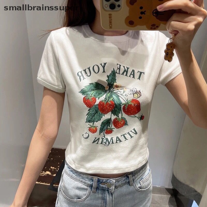 Áo Thun Croptop Ngắn Tay Cổ Tròn In Họa Tiết Dâu Tây Xinh Xắn Theo Phong Cách Mùa Hè Dành Cho Nữ