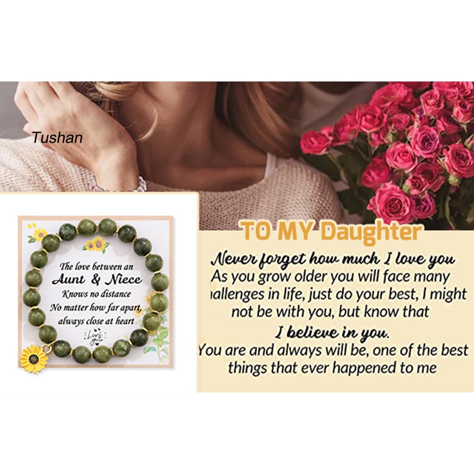 [Ts] Vòng Tay Chuỗi Hạt Hoa Hướng Dương Với Thẻ Truyền Cảm Hứng Co Giãn Điều Chỉnh Được Hạt Đá Tròn