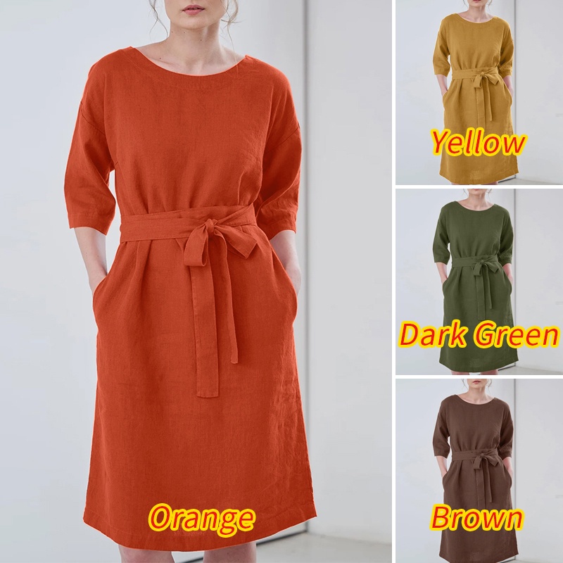 Đầm Nữ Tay Lửng Cổ Tròn Màu Trơn Phong Cách Vintage ZANZEA