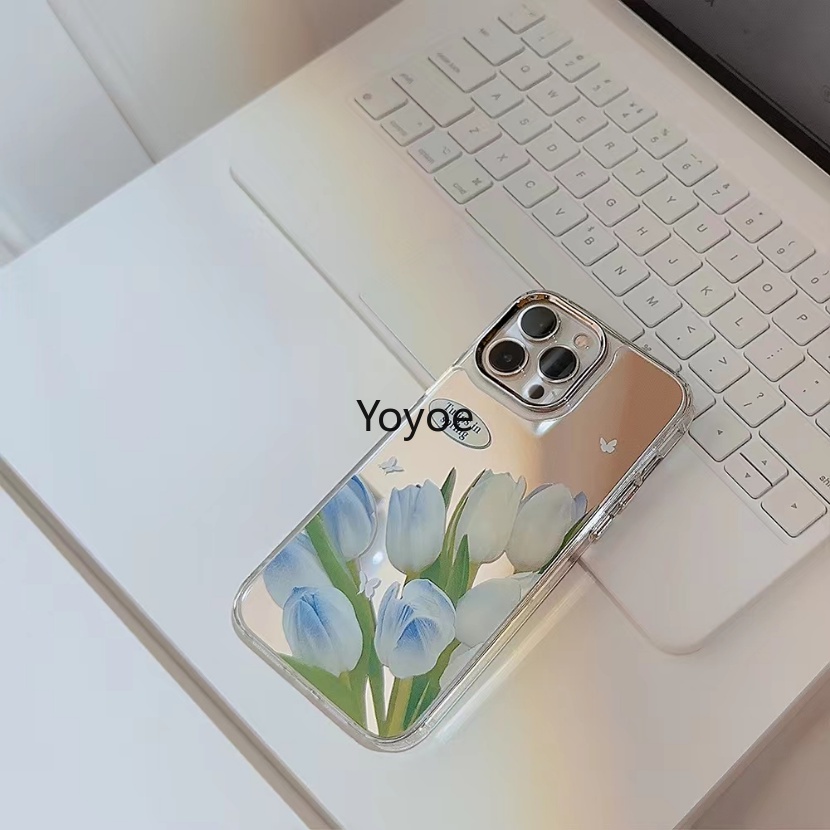 Ốp Điện Thoại TPU Silicone Trong Suốt Chống Sốc Mạ Điện In Họa Tiết Hoa Tulip Cho iPhone 11 12 13 14 Pro Max 14plus