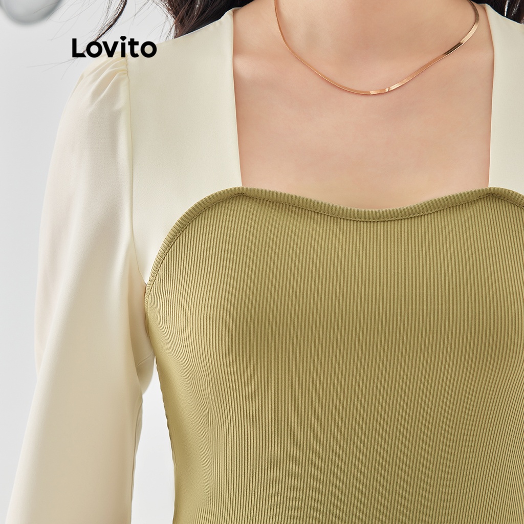 Áo Lovito tay dài cổ vuông phối lưới tương phản màu trơn cơ bản cho nữ LNE02226 (màu xanh lá)
